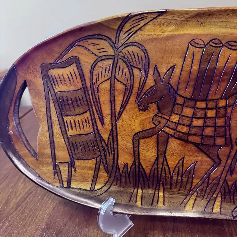 Hand Carved Haitian Wooden Serving Tray African Scene Donkey Figures Vintage 20”
